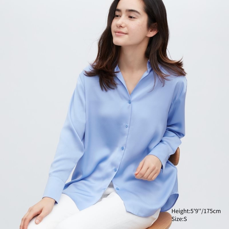 Blue Women Uniqlo Satin Long-sleeve Blouse | USA DBPNG-5389