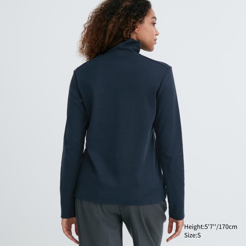 Blue Women Uniqlo Smooth Stretch Cotton Turtleneck Long Sleeve T Shirts | USA GEVIJ-3705