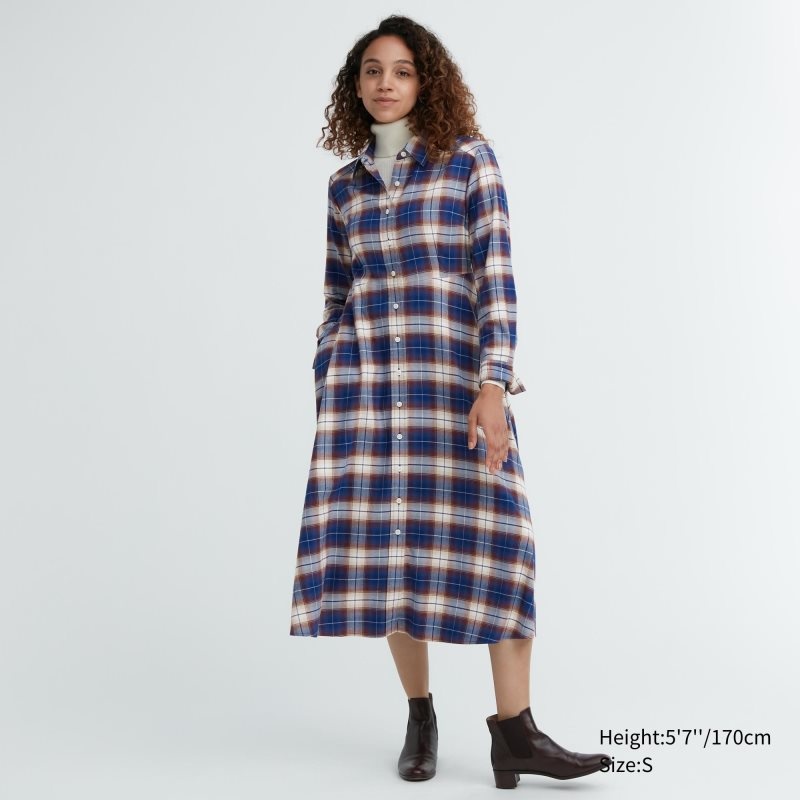 Blue Women Uniqlo Soft Brushed Long-sleeve Shirt Dress | USA BFNHK-7610