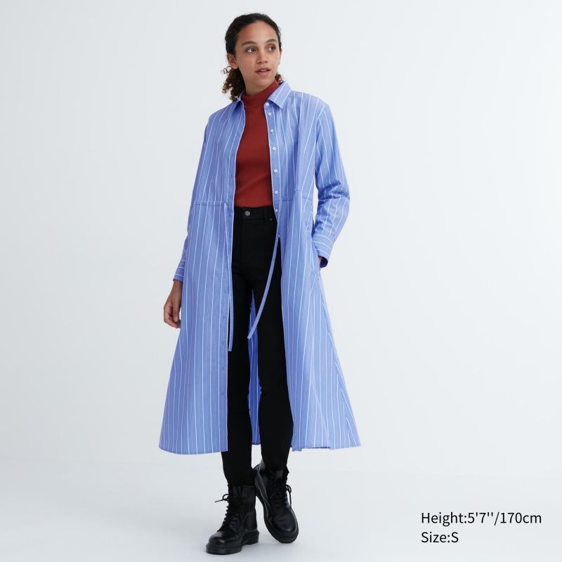 Blue Women Uniqlo Striped Cotton Long-sleeve Long Shirt Dress | USA LKUWJ-1293