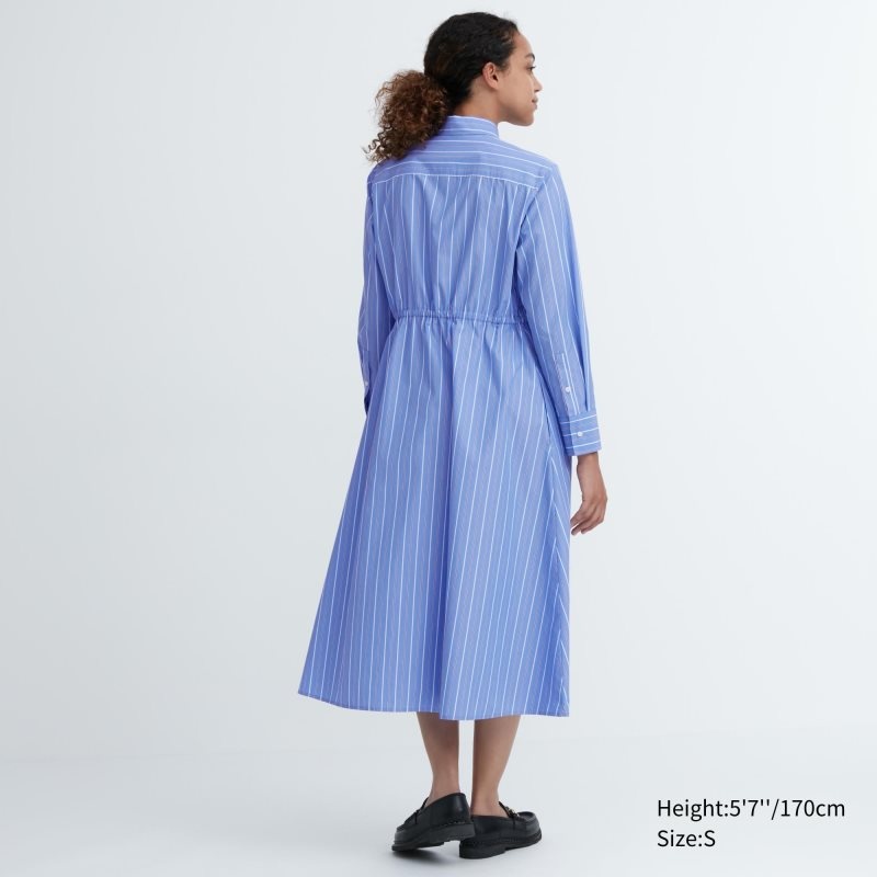 Blue Women Uniqlo Striped Cotton Long-sleeve Long Shirt Dress | USA LKUWJ-1293