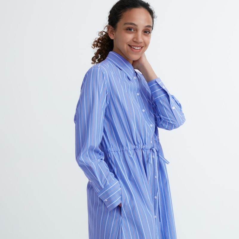 Blue Women Uniqlo Striped Cotton Long-sleeve Long Shirt Dress | USA LKUWJ-1293