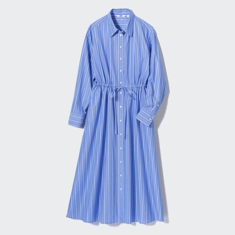 Blue Women Uniqlo Striped Cotton Long-sleeve Long Shirt Dress | USA LKUWJ-1293