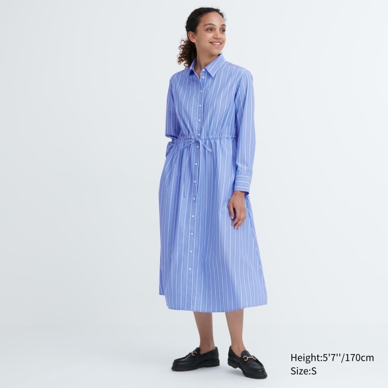 Blue Women Uniqlo Striped Cotton Long-sleeve Long Shirt Dress | USA LKUWJ-1293