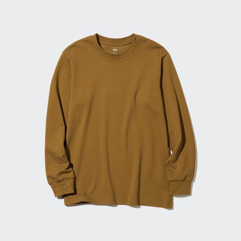 Brown Men Uniqlo Brushed Cotton Crew Neck Long-sleeve T Shirts | USA LAJDK-3504