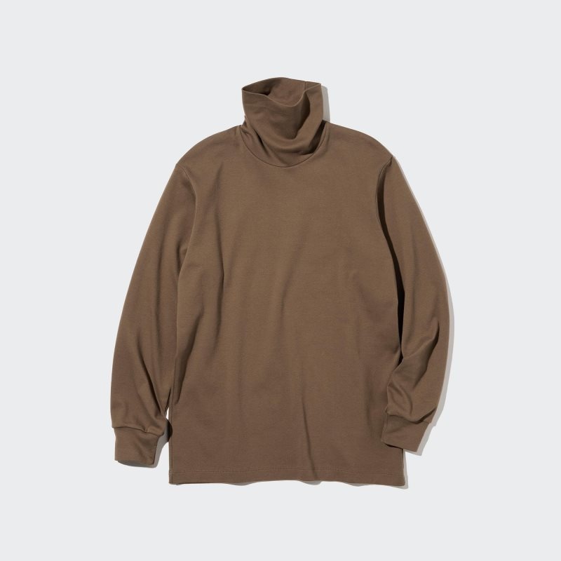 Brown Men Uniqlo Brushed Cotton Turtleneck Long-sleeve T Shirts | USA HGBOX-4521