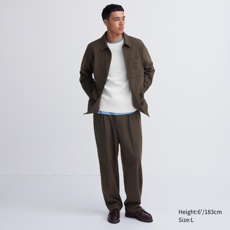 Brown Men Uniqlo Brushed Twill Wide-fit Pleated Pants | USA CKQXU-5023