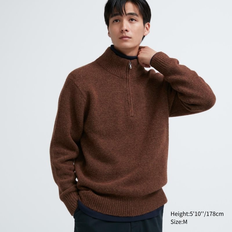 Brown Men Uniqlo Souffle Yarn Long Sleeve Half-zip Sweaters | USA PWNKB-4305