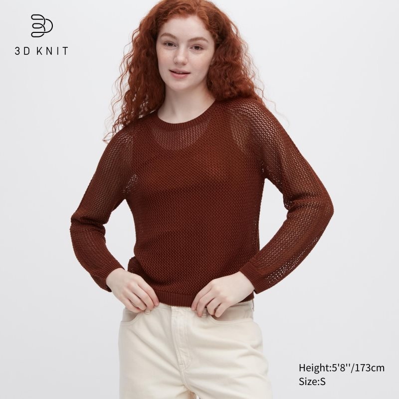 Brown Women Uniqlo 3d Knit Mesh Long-sleeve Crew Neck Sweaters | USA KBXLN-0678