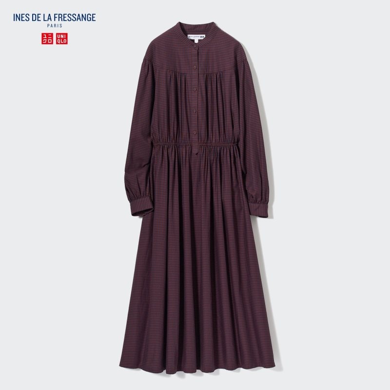 Brown Women Uniqlo Cotton Twill Volume Sleeve Long (Ines De La Fressange) Dress | USA ENZBU-5069