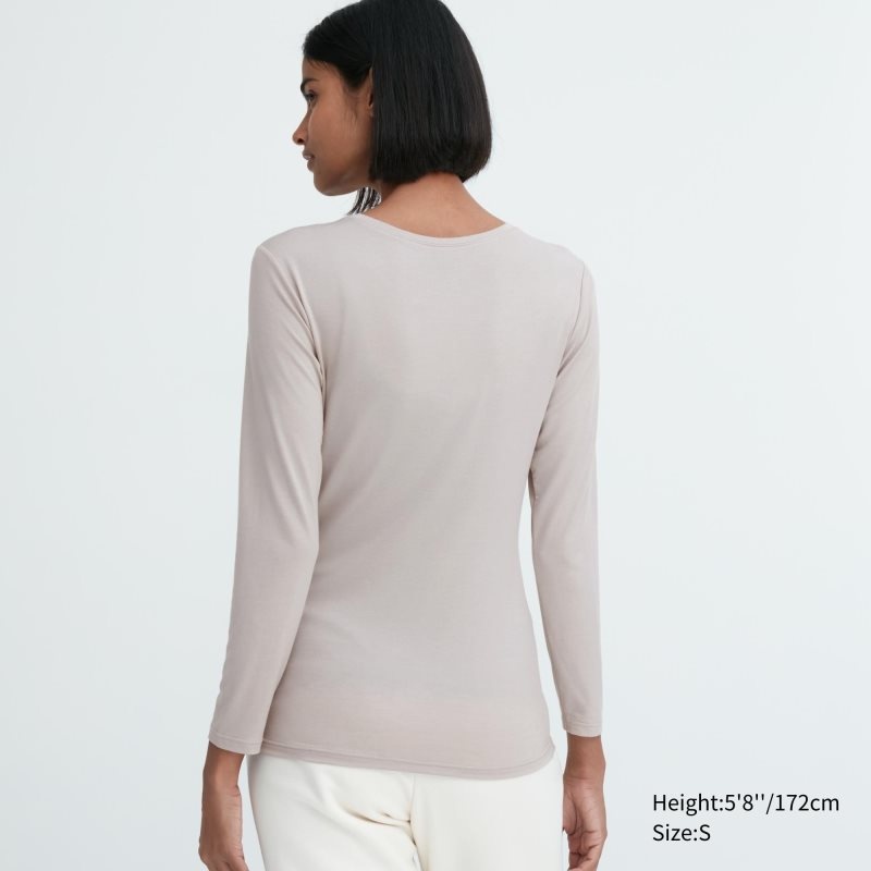 Brown Women Uniqlo Heattech Crew Neck Long-sleeve T Shirts | USA MEBJY-3618