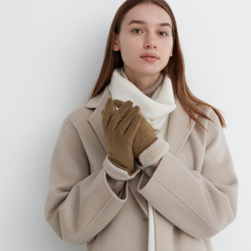 Brown Women Uniqlo Heattech Lining Faux Suede Gloves | USA FHSYI-0784