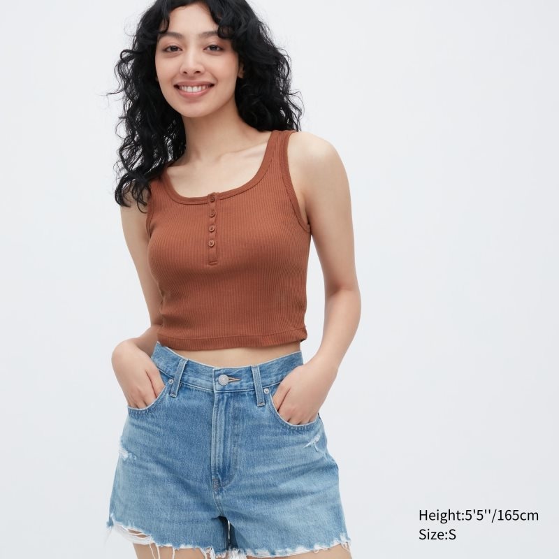 Brown Women Uniqlo Ribbed Henley Neck Cropped Tank Tops | USA HEFTU-8632