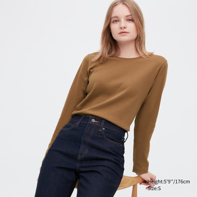 Brown Women Uniqlo Smooth Stretch Cotton Crew Neck Long-sleeve T Shirts | USA TSNAP-6732