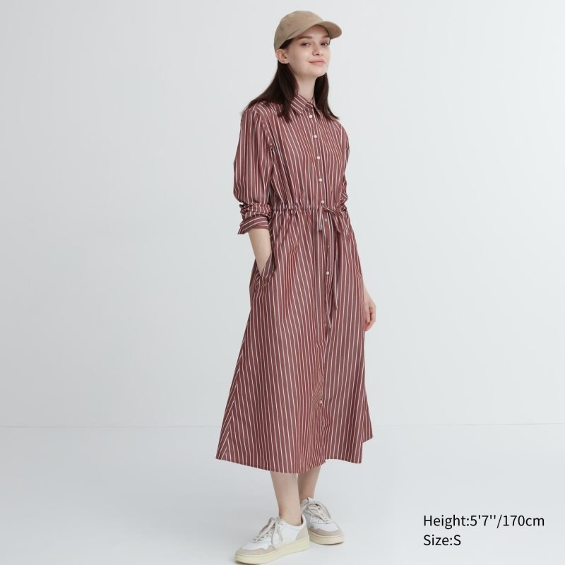 Brown Women Uniqlo Striped Cotton Long-sleeve Long Shirt Dress | USA SDLCR-8307