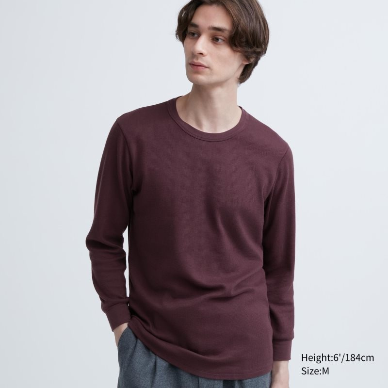 Burgundy Men Uniqlo Heattech Cotton Waffle Crew Neck (Extra Warm) T Shirts | USA GVRLJ-6854