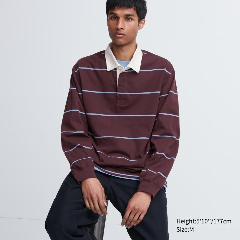 Burgundy Men Uniqlo Rugger Long-sleeve Polo Shirts | USA FJBTK-7152