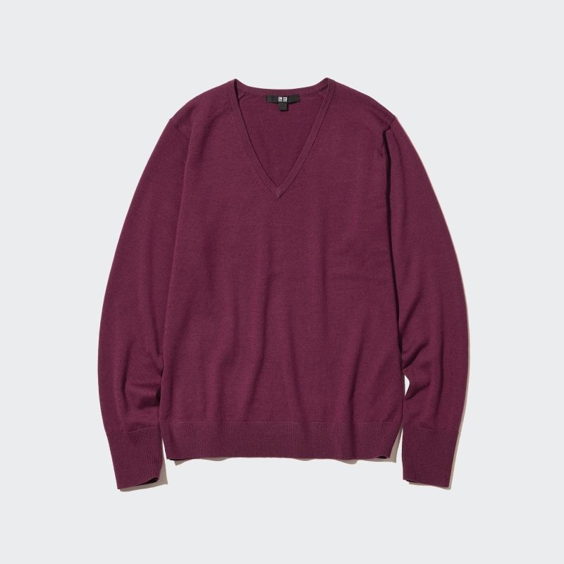 Burgundy Women Uniqlo Extra Fine Merino V-neck Long-sleeve Sweaters | USA TXNCW-3106