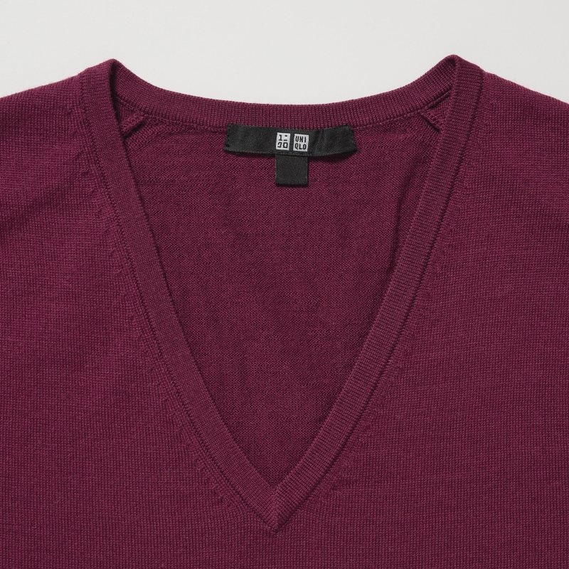 Burgundy Women Uniqlo Extra Fine Merino V-neck Long-sleeve Sweaters | USA TXNCW-3106