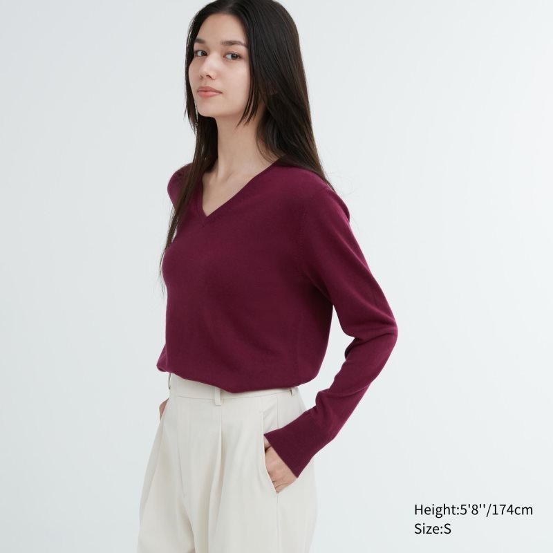 Burgundy Women Uniqlo Extra Fine Merino V-neck Long-sleeve Sweaters | USA TXNCW-3106