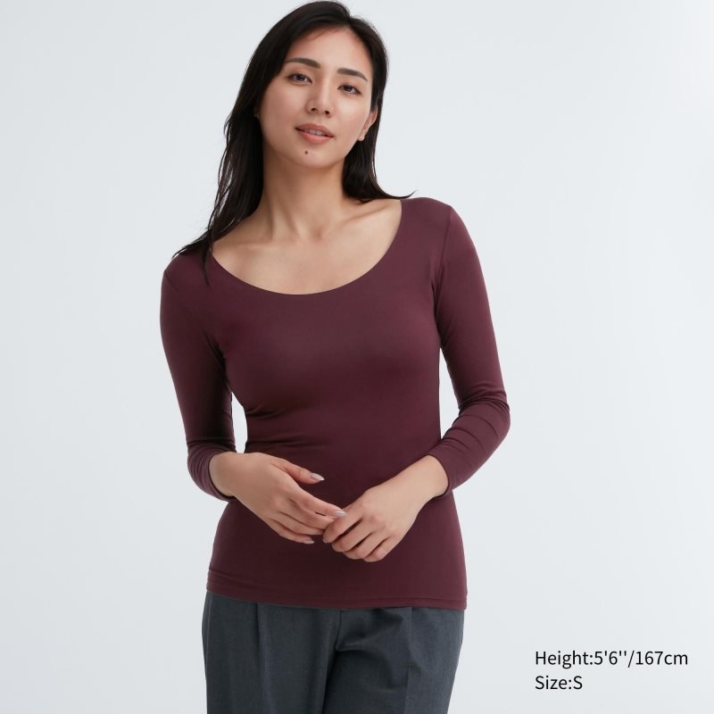 Burgundy Women Uniqlo Heattech Scoop Neck Long-sleeve T Shirts | USA IGXAN-0437