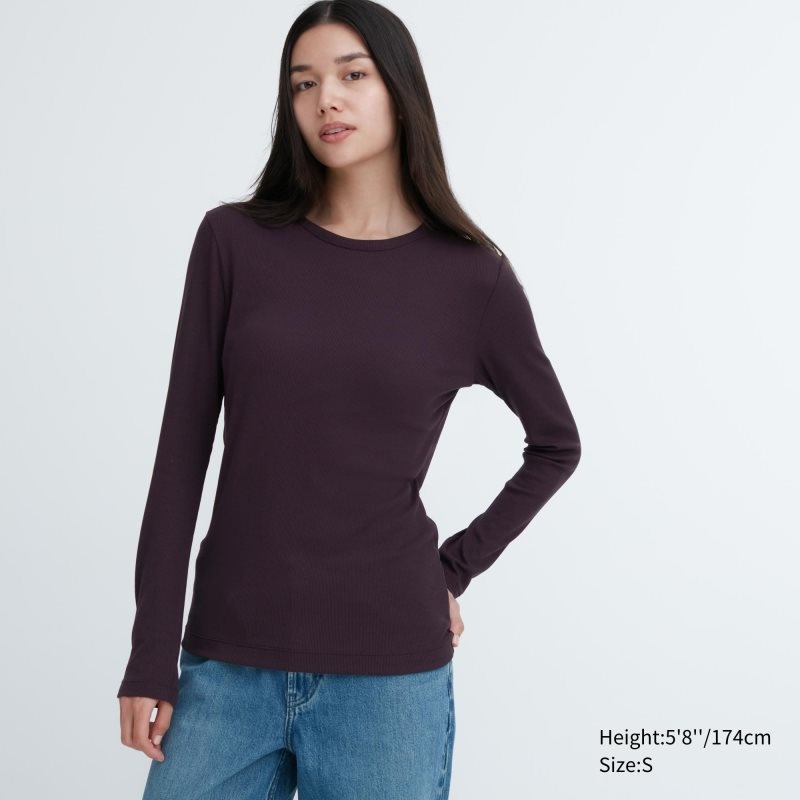 Burgundy Women Uniqlo Sheer Jersey Crew Neck Long-sleeve T Shirts | USA WATGK-1045