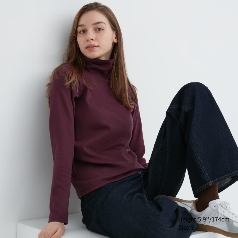 Burgundy Women Uniqlo Smooth Stretch Cotton Turtleneck Long Sleeve T Shirts | USA RGZTF-5298