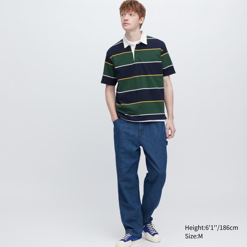 Dark Green Men Uniqlo Rugger Striped Short Sleeve Polo Shirts | USA FDPQX-1643