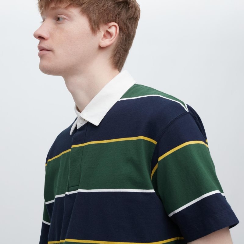 Dark Green Men Uniqlo Rugger Striped Short Sleeve Polo Shirts | USA FDPQX-1643