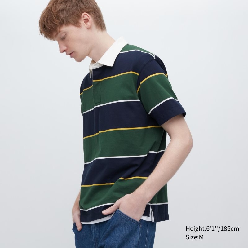 Dark Green Men Uniqlo Rugger Striped Short Sleeve Polo Shirts | USA FDPQX-1643