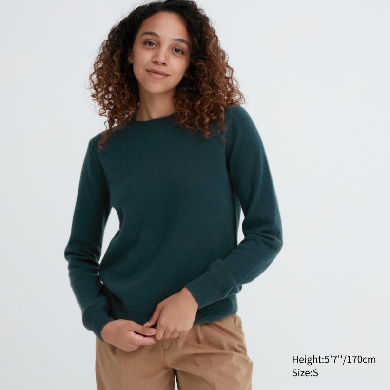 Dark Green Women Uniqlo Cashmere Crew Neck Long-sleeve Sweaters | USA QBFDG-2360