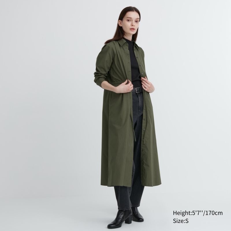 Dark Green Women Uniqlo Cotton Long-sleeve Long Shirt Dress | USA QXVNK-1596