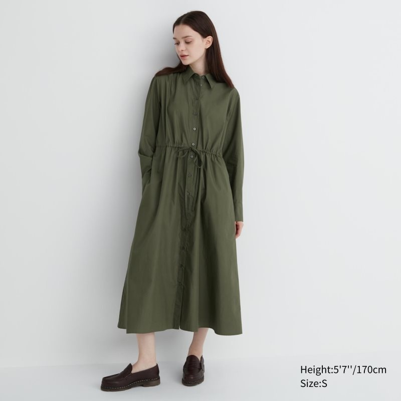 Dark Green Women Uniqlo Cotton Long-sleeve Long Shirt Dress | USA QXVNK-1596