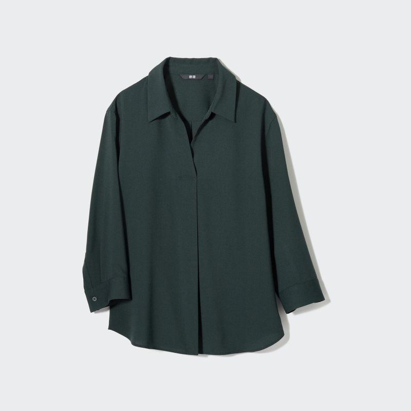 Dark Green Women Uniqlo Rayon Skipper Collar 3/4-sleeve Blouse | USA CMEUZ-2539