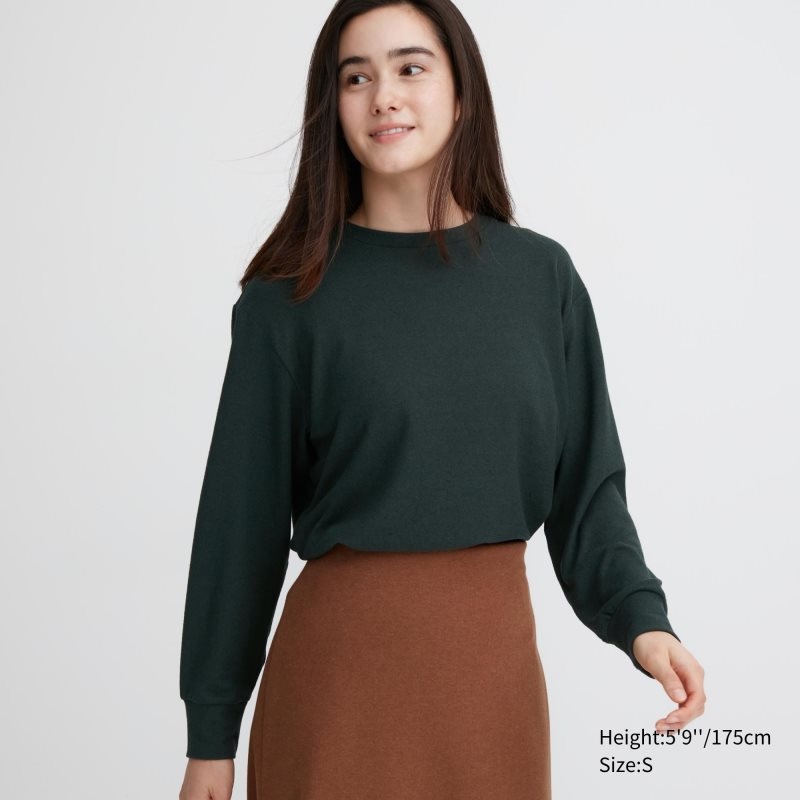 Dark Green Women Uniqlo Soft Knitted Fleece Crew Neck Long-sleeve T Shirts | USA EUILQ-6240