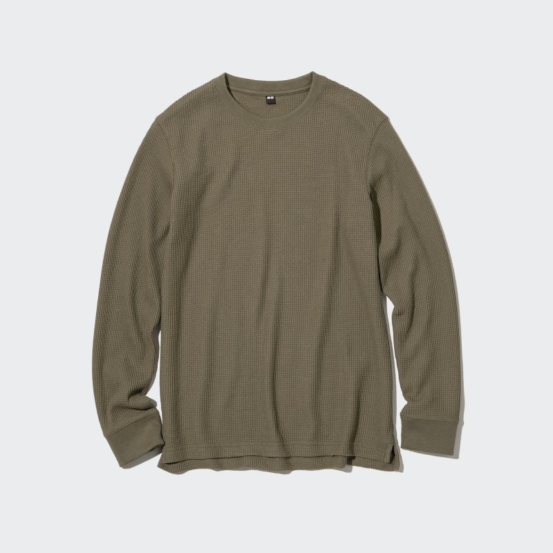 Dark Green Women Uniqlo Waffle Crew Neck Long-sleeve T Shirts | USA EKFPD-6509