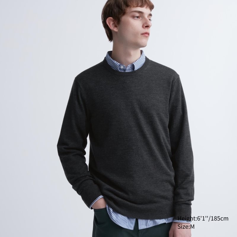 Dark Grey Men Uniqlo Extra Fine Merino Crew Neck Sweaters | USA SOFIV-9573