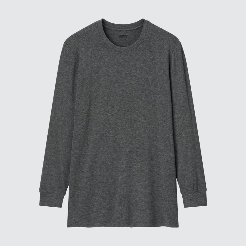 Dark Grey Men Uniqlo Heattech Crew Neck Long-sleeve T Shirts | USA FLQIW-7694