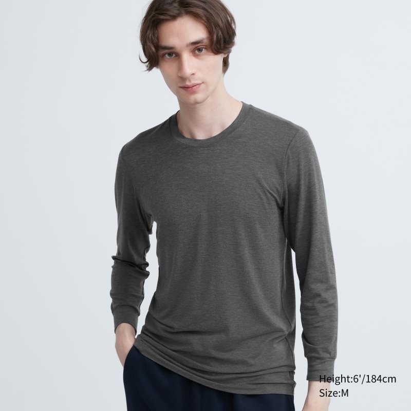 Dark Grey Men Uniqlo Heattech Crew Neck Long-sleeve T Shirts | USA TUFBY-5239