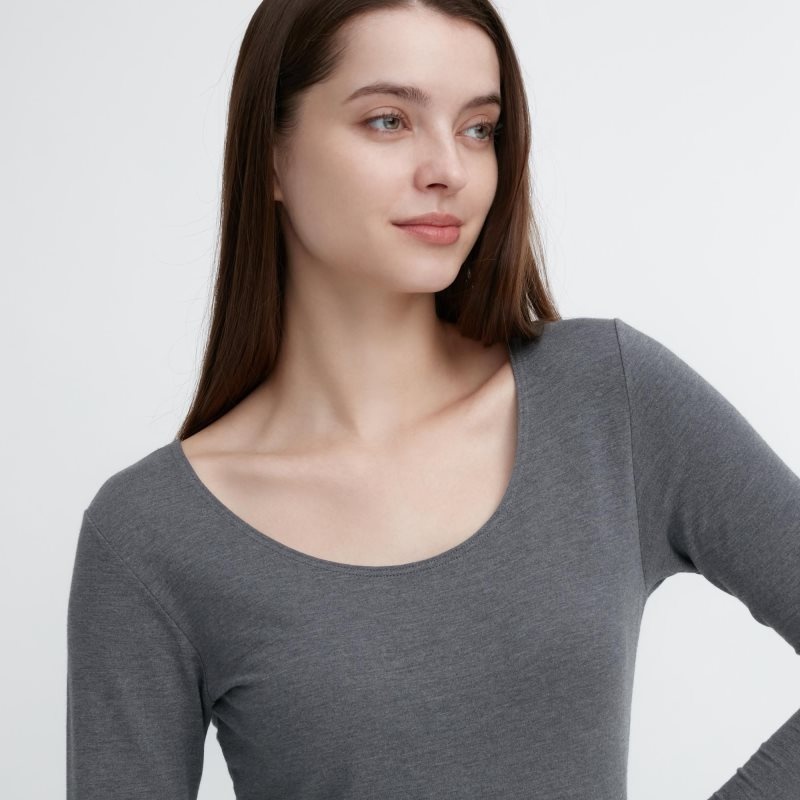 Dark Grey Women Uniqlo Heattech Cotton Scoop Neck Long-sleeve (Extra Warm) T Shirts | USA TDJIU-1607