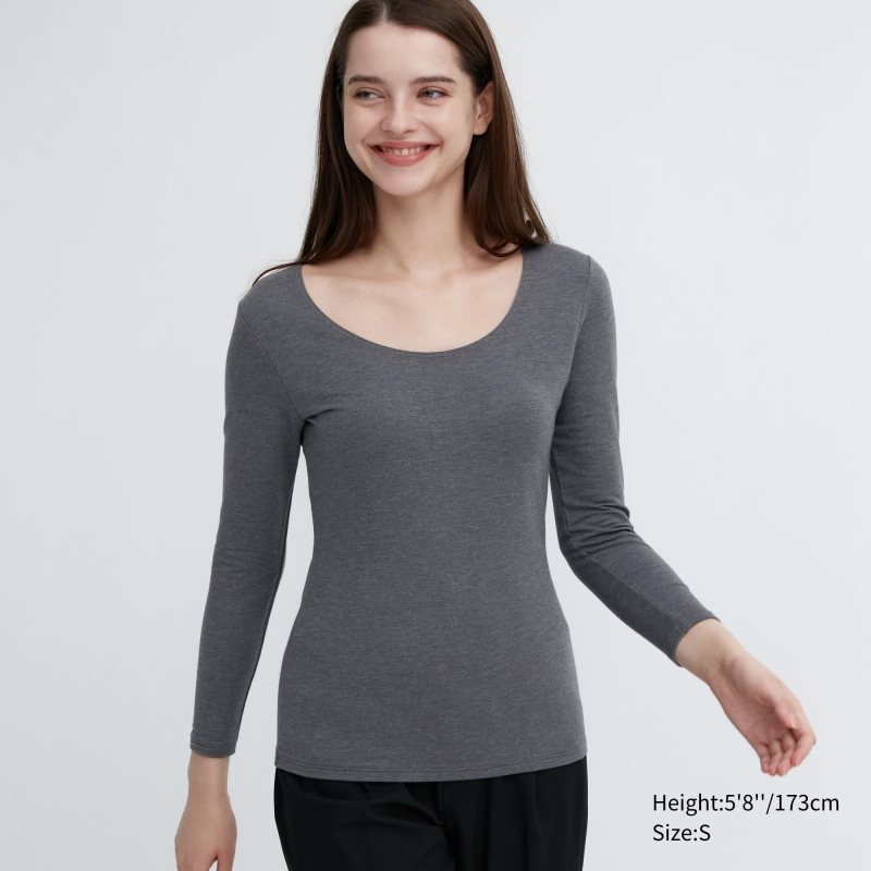 Dark Grey Women Uniqlo Heattech Cotton Scoop Neck Long-sleeve (Extra Warm) T Shirts | USA TDJIU-1607