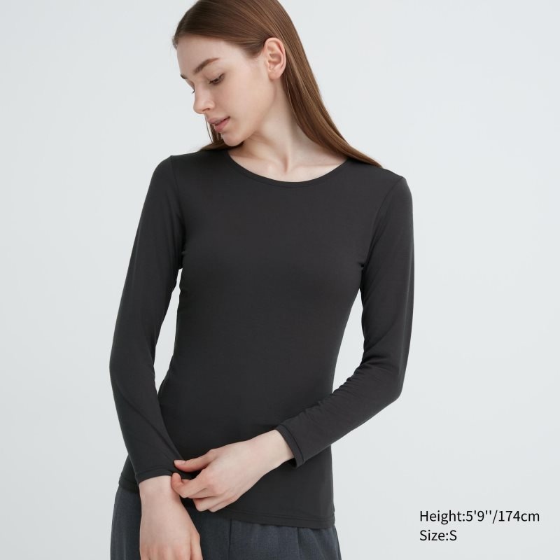 Dark Grey Women Uniqlo Heattech Crew Neck Long-sleeve T Shirts | USA WDRIA-7138