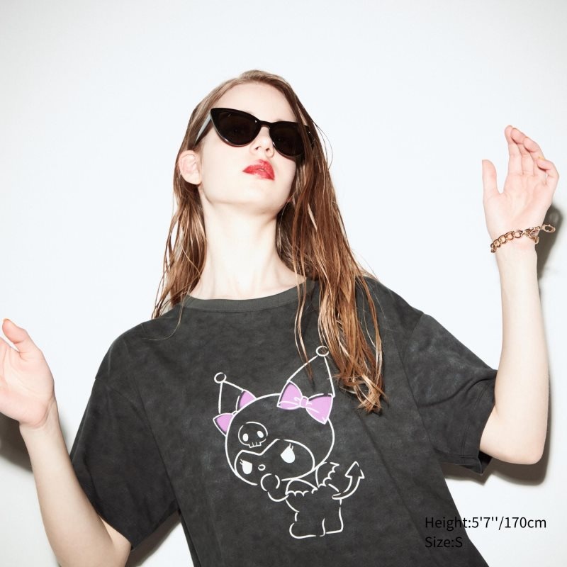 Dark Grey Women Uniqlo Sanrio Characters: Kuromi & My Melody Ut (Short-sleeve Graphic Tunic) T Shirts | USA YQOBN-8193