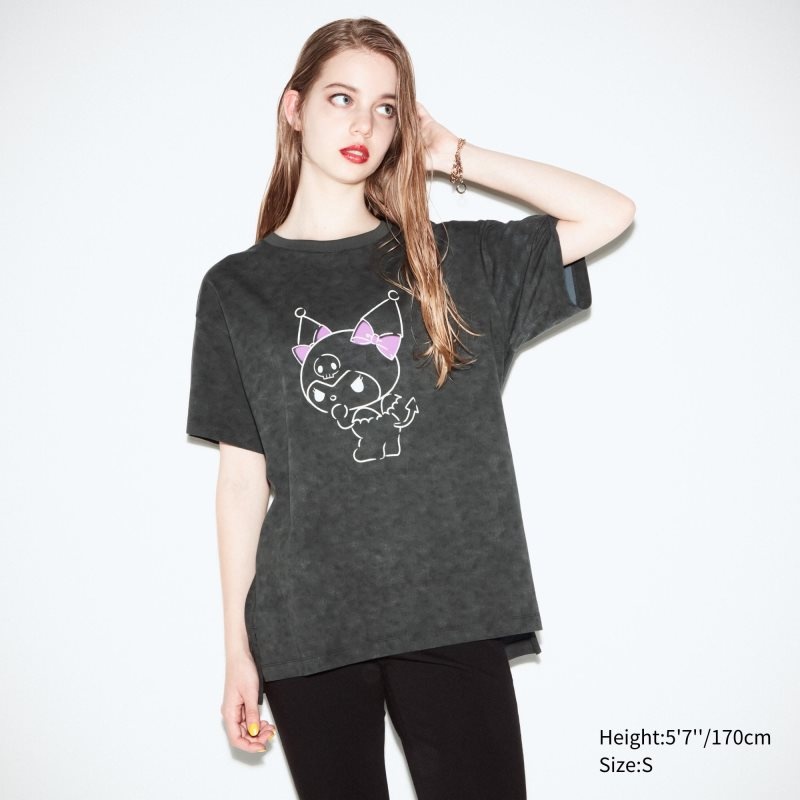 Dark Grey Women Uniqlo Sanrio Characters: Kuromi & My Melody Ut (Short-sleeve Graphic Tunic) T Shirts | USA YQOBN-8193