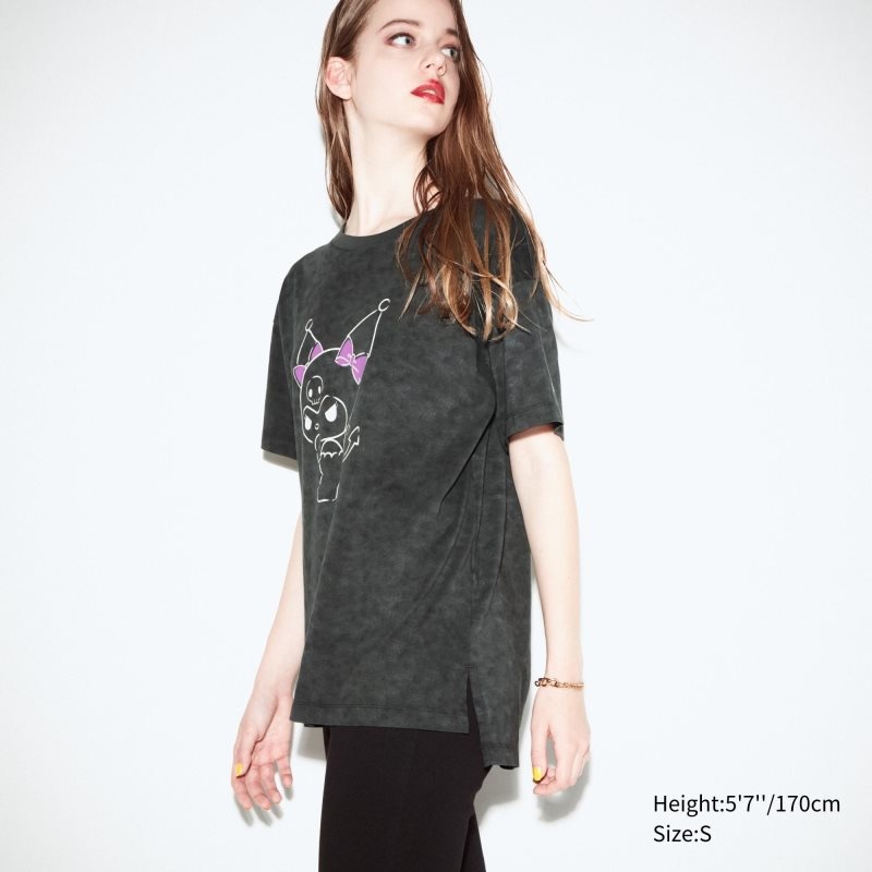 Dark Grey Women Uniqlo Sanrio Characters: Kuromi & My Melody Ut (Short-sleeve Graphic Tunic) T Shirts | USA YQOBN-8193