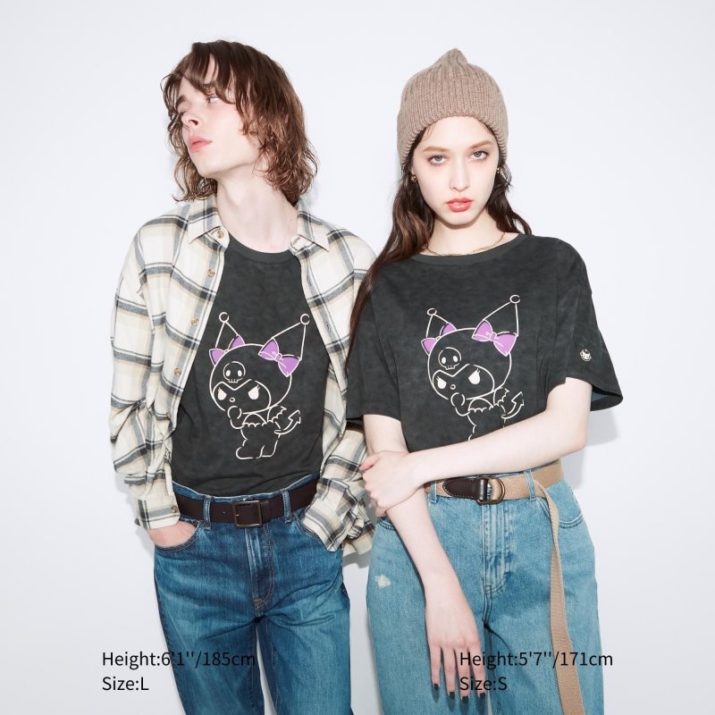 Dark Grey Women Uniqlo Sanrio Characters: Kuromi & My Melody Ut (Short-sleeve Graphic Tunic) T Shirts | USA YQOBN-8193