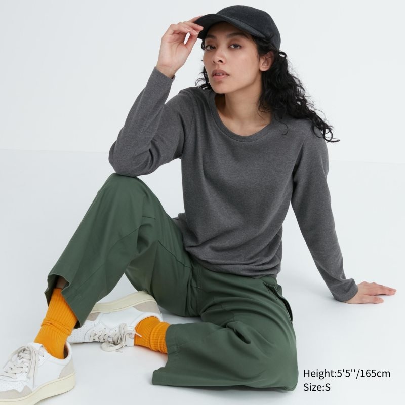 Dark Grey Women Uniqlo Smooth Stretch Cotton Crew Neck Long-sleeve T Shirts | USA IJPKF-3847