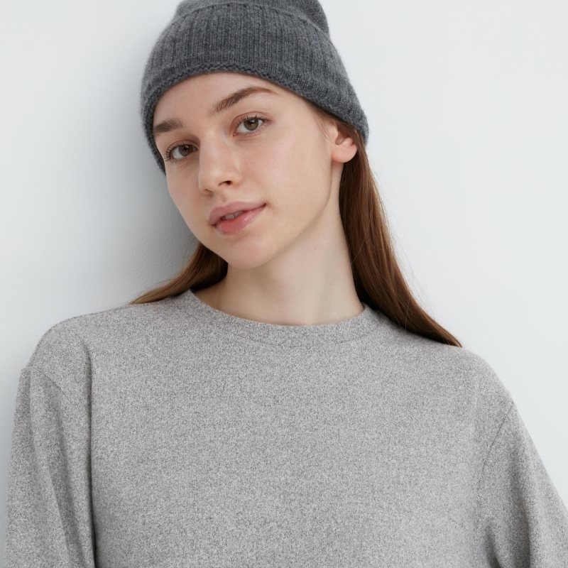 Dark Grey Women Uniqlo Soft Knitted Fleece Crew Neck Long-sleeve T Shirts | USA GXOMU-9576