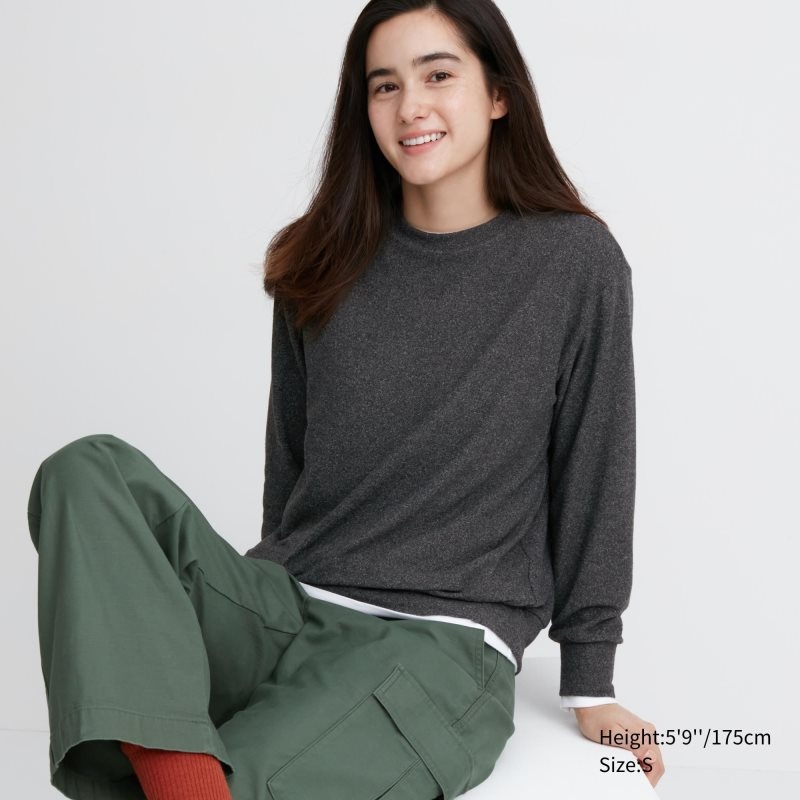 Dark Grey Women Uniqlo Soft Knitted Fleece Crew Neck Long-sleeve T Shirts | USA GXOMU-9576