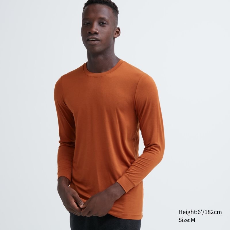 Dark Orange Men Uniqlo Heattech Crew Neck Long-sleeve T Shirts | USA GFHDN-5241